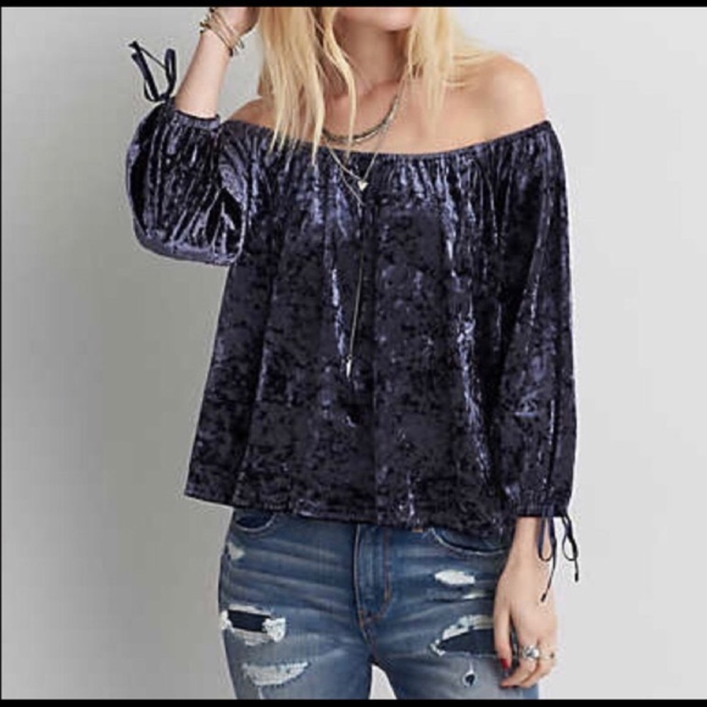 Off the shoulder blue crushed velvet top